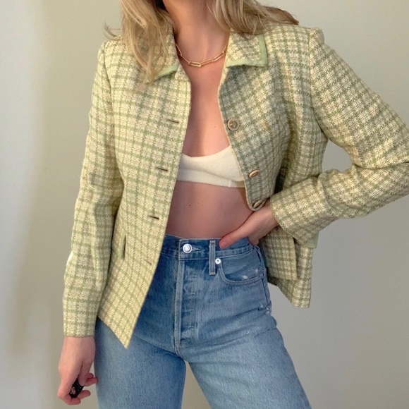Vintage Pistachio Green Tweed Blazer Jacket Small - Picture 2 of 8